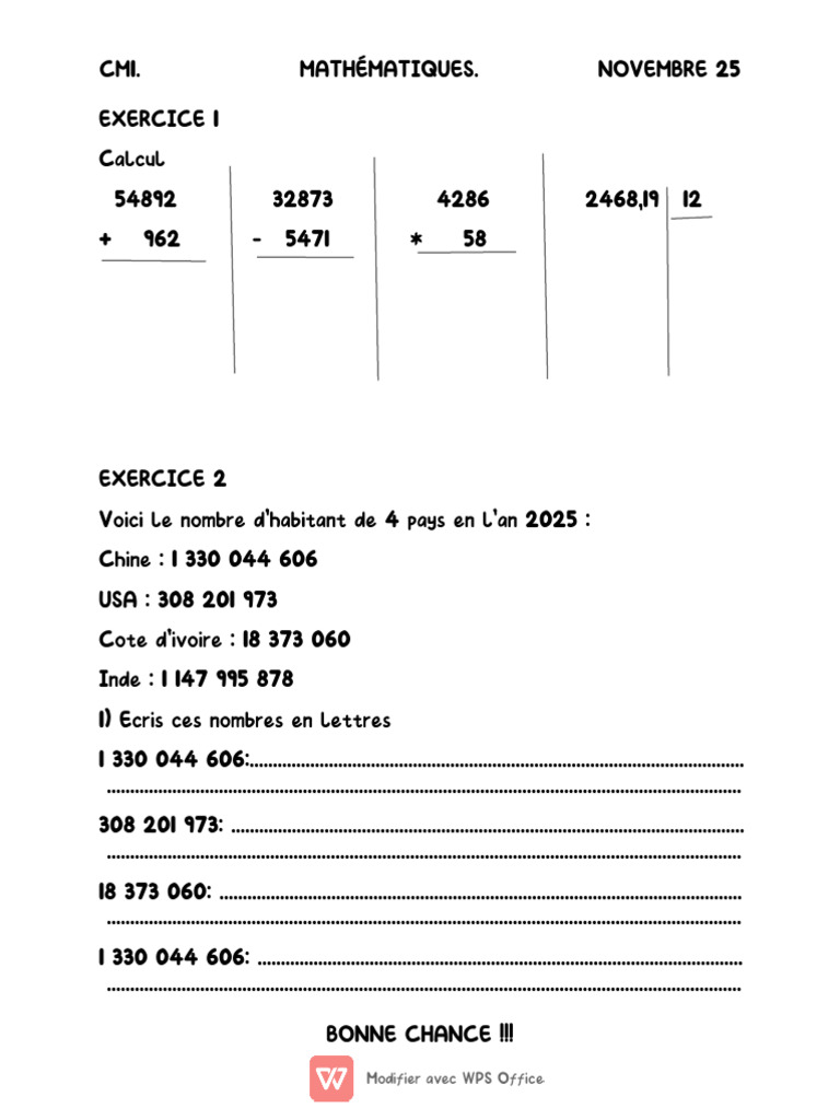 Exercices de mathématiques CM1 novembre | PDF