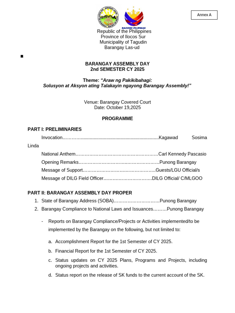 Barangay Assembly Agenda 2025 | PDF