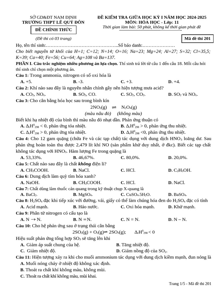 4 de Thi Hoa 11 Ma de 201 | PDF