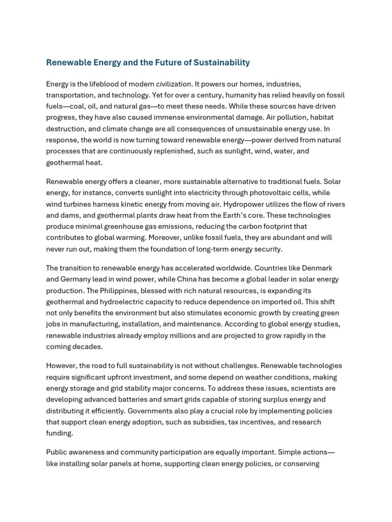 Renewable Energy and The Future of Sustainability | PDF | Renewable ...