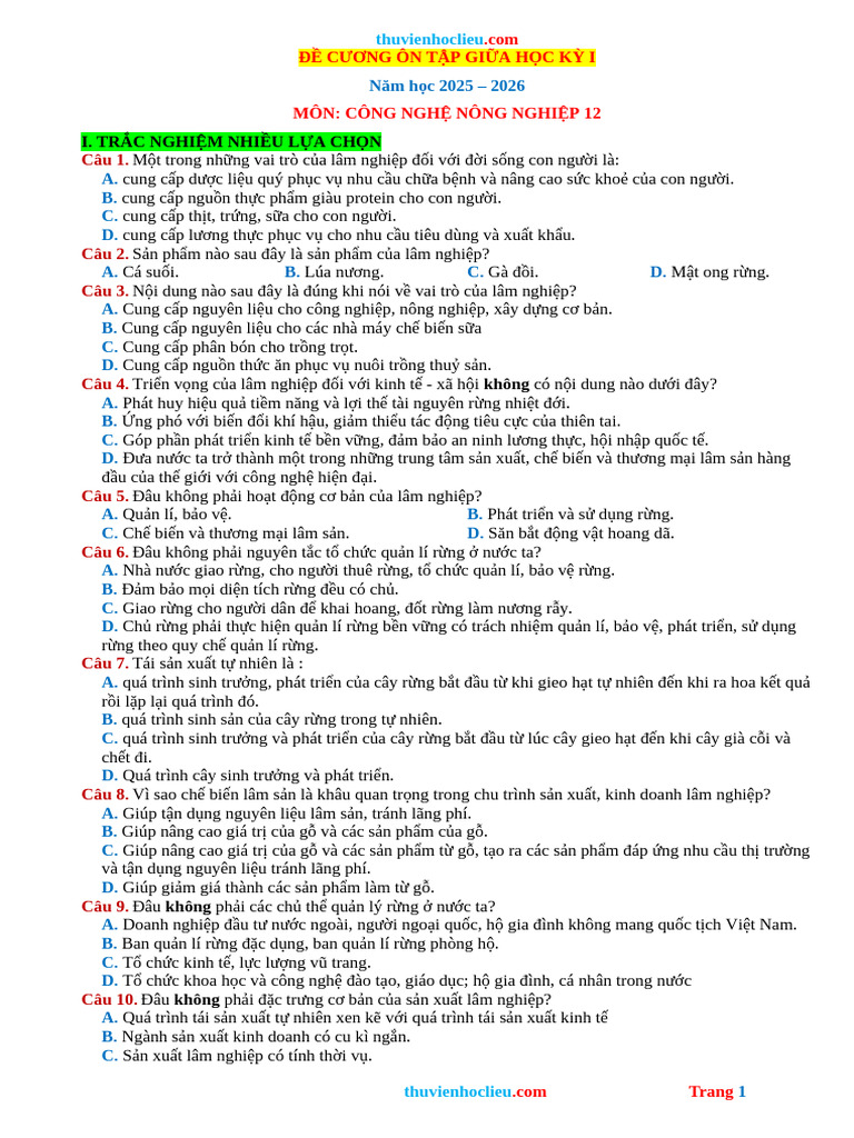 De Cuong On Tap Giua HK1 Cong Nghe Nong Nghiep 12 Canh Dieu 25 26 | PDF