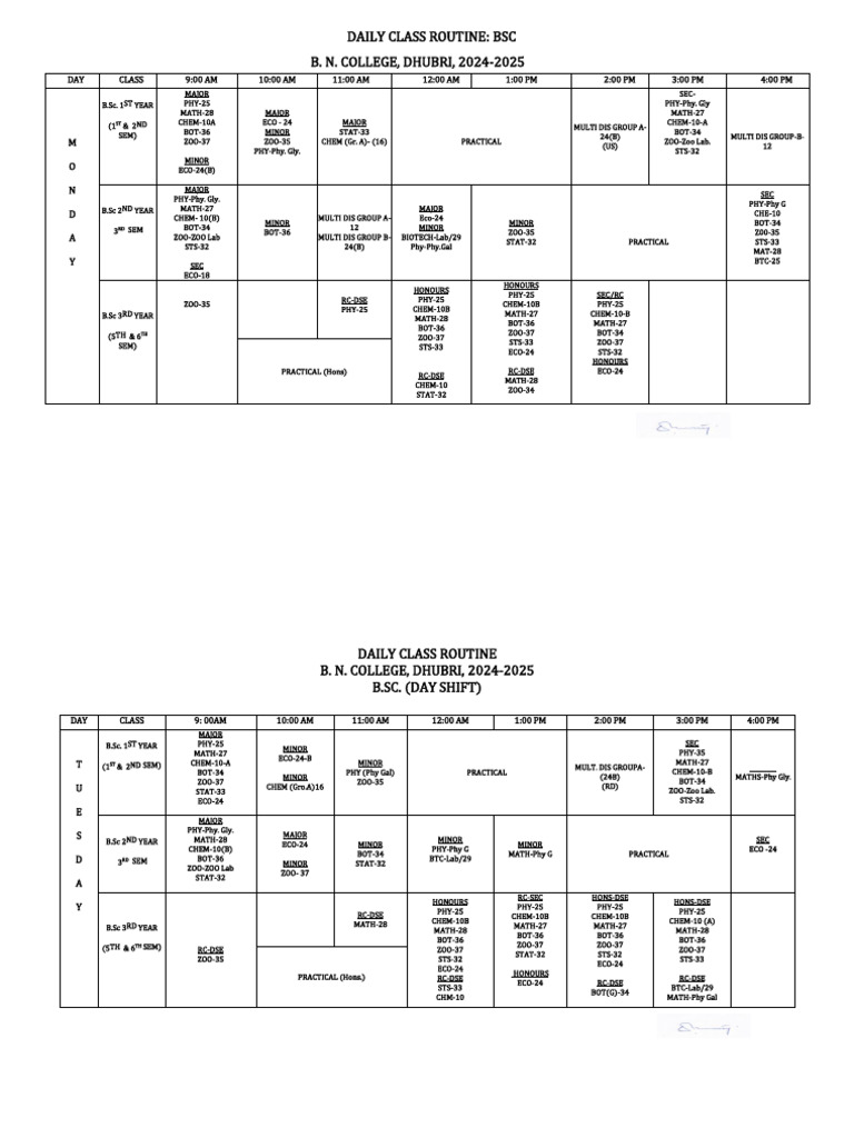 1826B.Sc. Class Routine, 2024-25 | PDF | Academic Degree | Qualifications