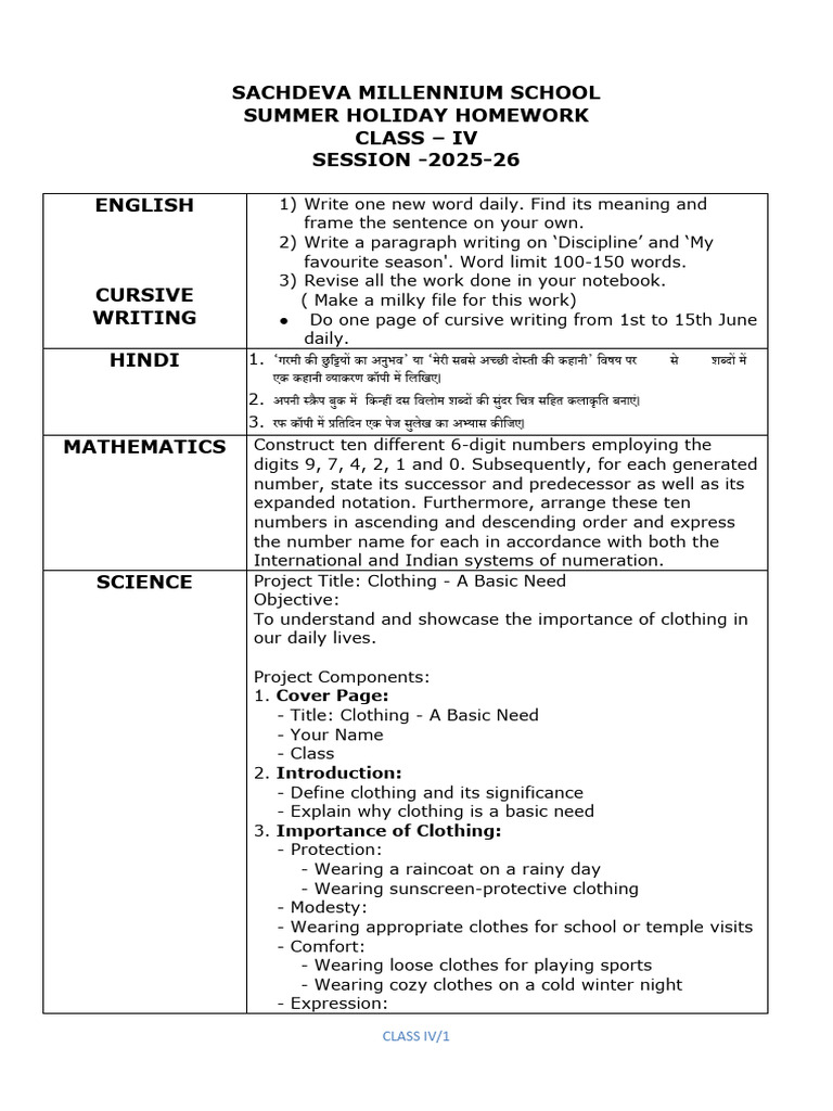 Class IV Summer Holiday Homework 2025-26 | PDF | Clothing