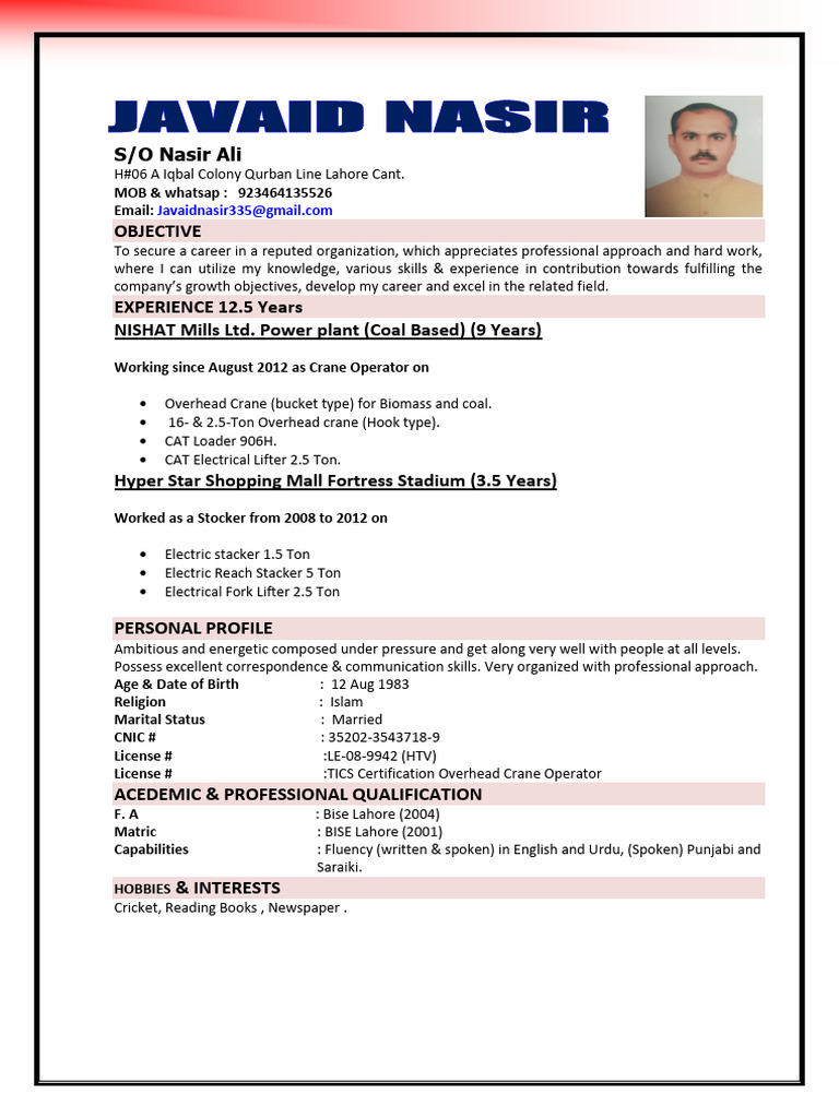 Crane Operator Resume of Javaid Nasir | PDF