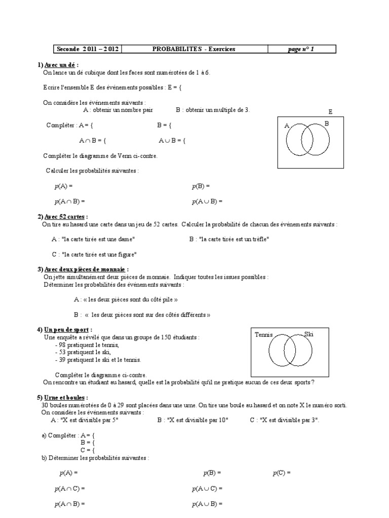 seconde_probabilites_exercices | Dé | Hasard