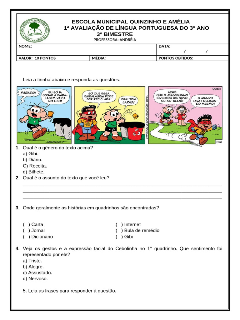 Avaliação de Língua Portuguesa 3º Ano | PDF | Sílaba | Famílias ...