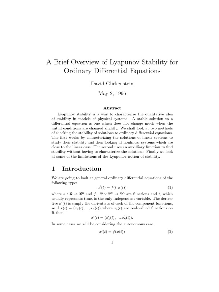 A Brief Overview of Lyapunov Stability For | PDF | Stability Theory ...