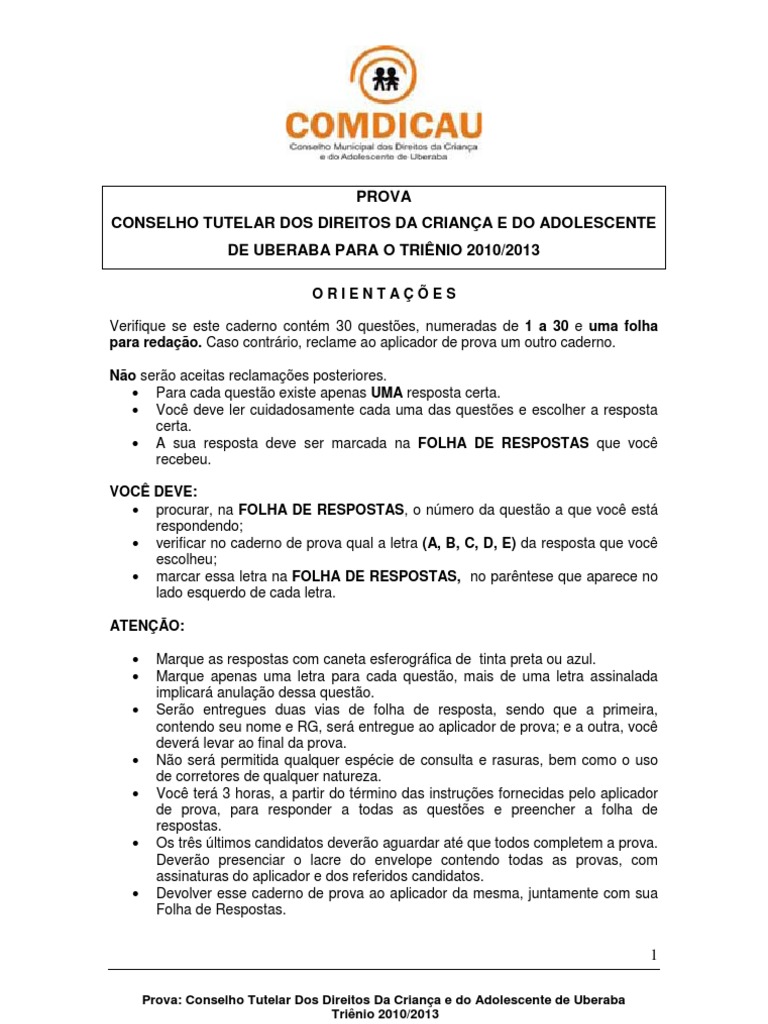 Prova do Conselho Tutelar 2010/2013 | PDF | Adoção | Família