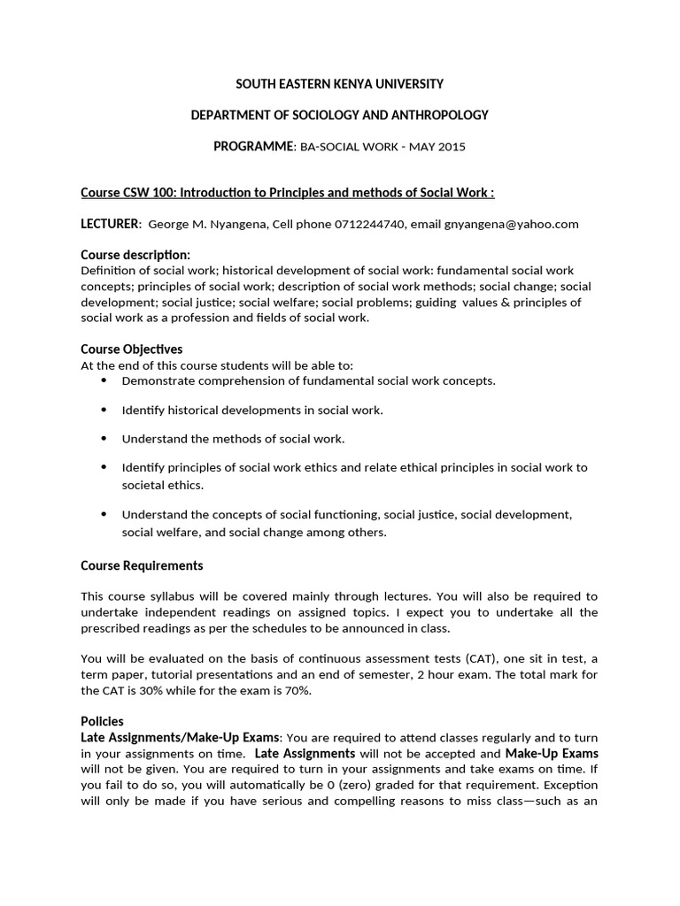 Introduction to Social Work Course Syllabus | PDF | Social Work ...