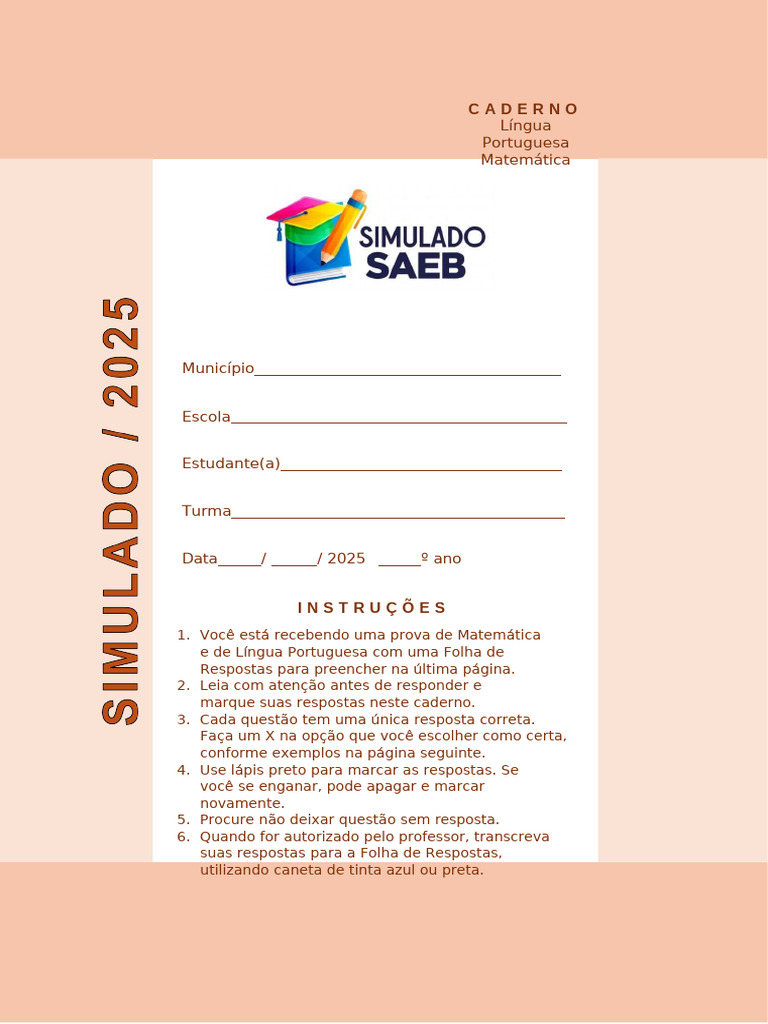 Simulado SAEB 2025: Língua e Matemática | PDF | Alexandre, o Grande | Avião