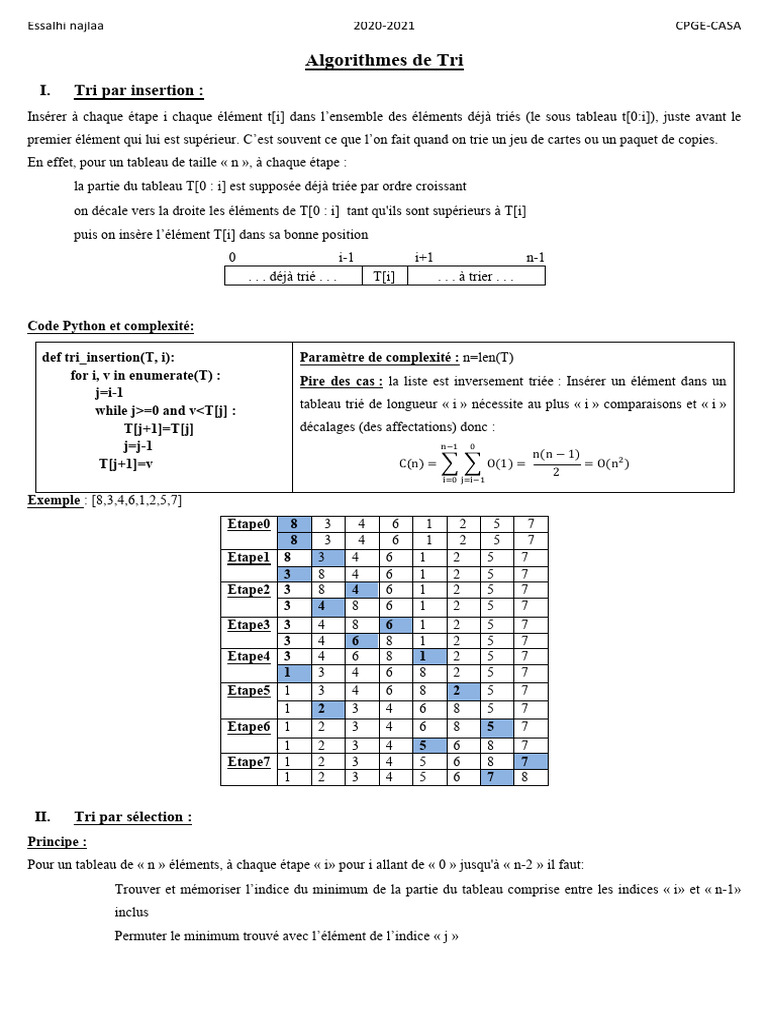 Algorithmes de Tri : Insertion, Sélection, Bulle | PDF | Programmation ...