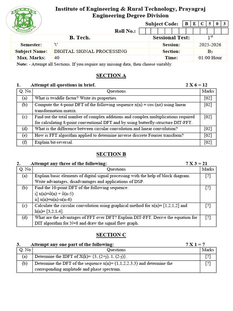 BEC503 Digital Signal Processing Test | PDF | Discrete Fourier ...
