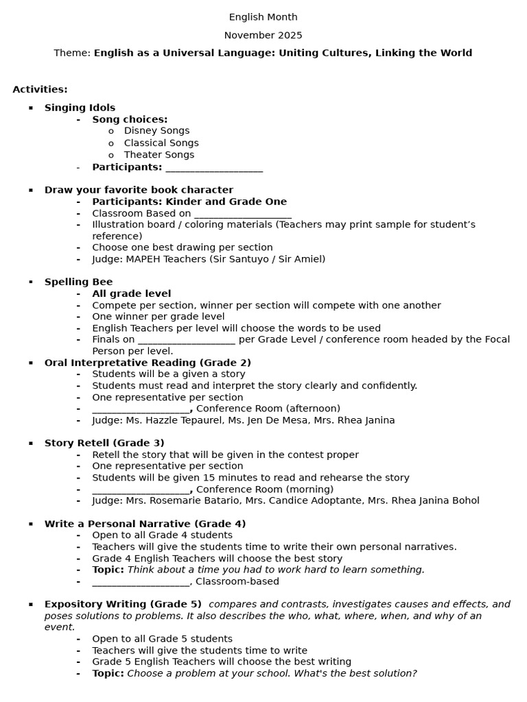 English Month Activities Overview | PDF
