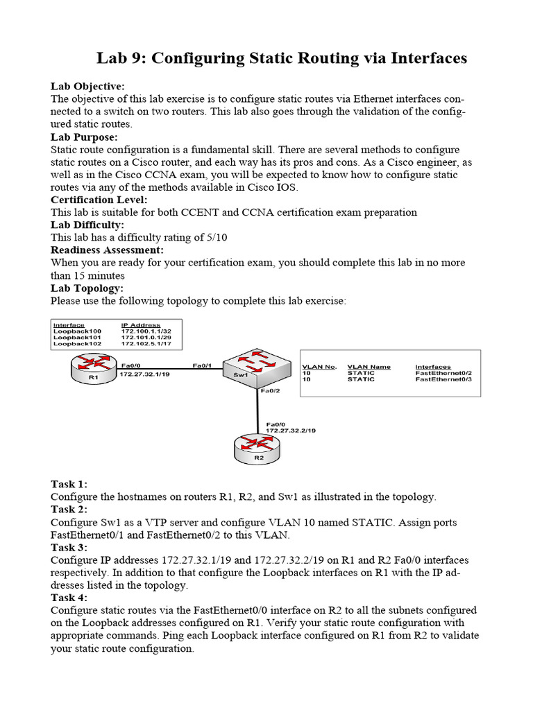Static Routing Configuration Lab | PDF | Ip Address | Cisco Certifications