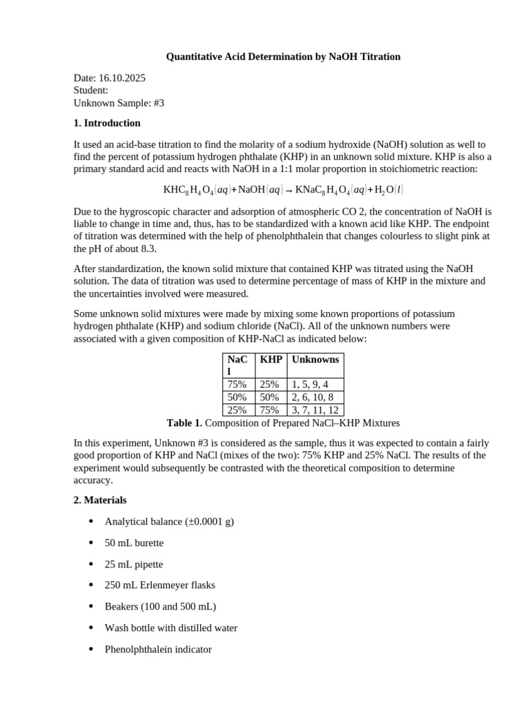 NaOH Titration for KHP Analysis | PDF | Sodium Hydroxide | Titration