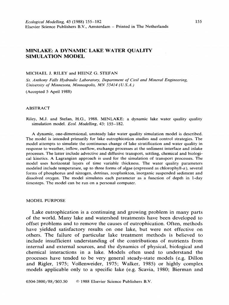1988 - MINLAKE-Dynamic Lake WQ Simulation Model - Riley, Stefan (Ecol ...