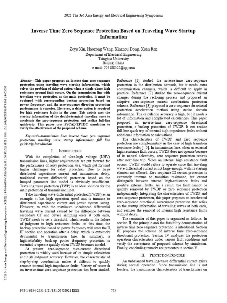Inverse Time Zero Sequence Protection Based on Traveling Wave Startup ...