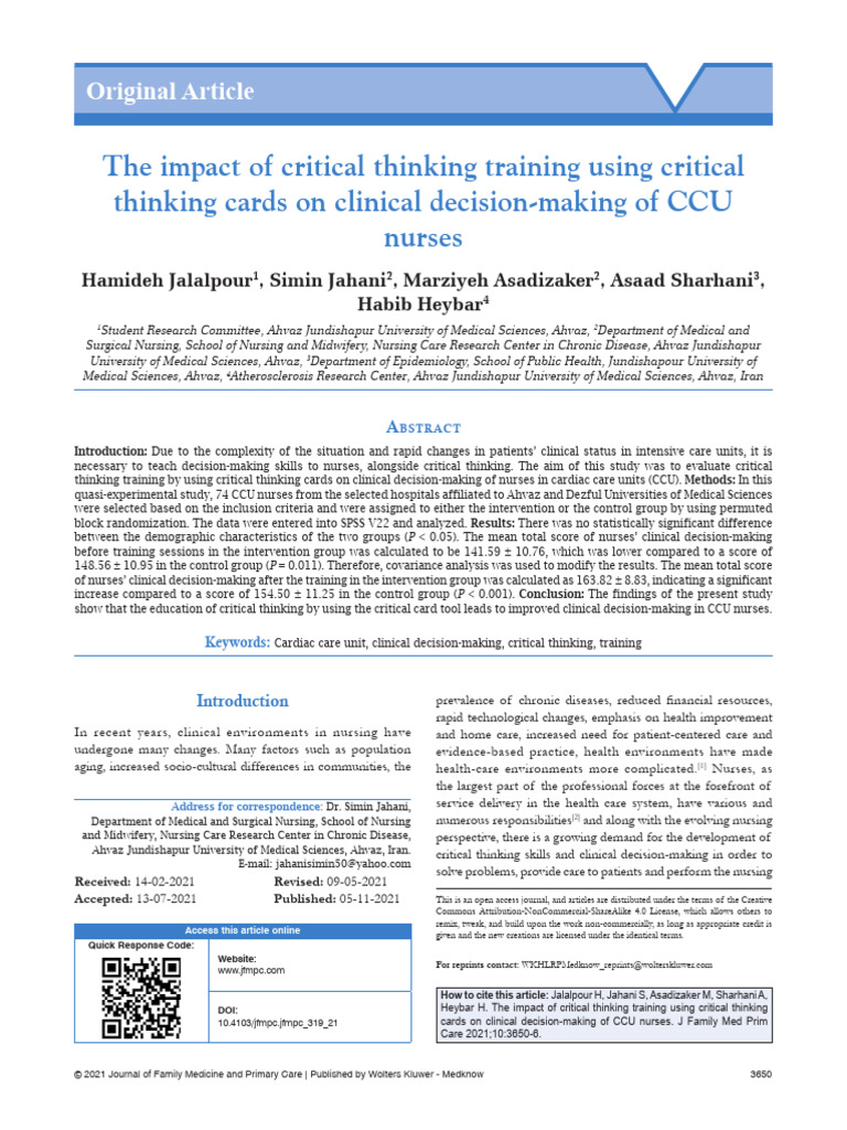 Critical Thinking Training for CCU Nurses | PDF | Intensive Care Unit ...