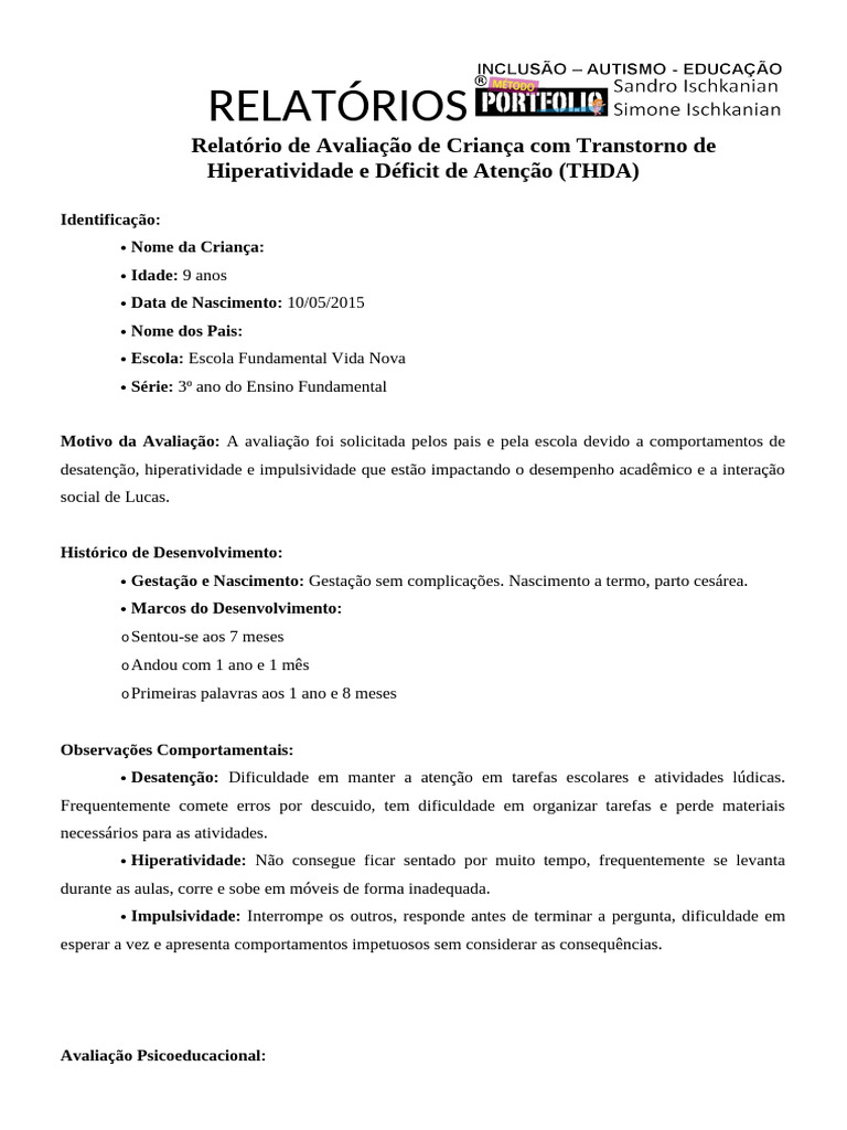 Avaliação de THDA em Criança de 9 Anos | PDF | Transtorno de déficit de ...