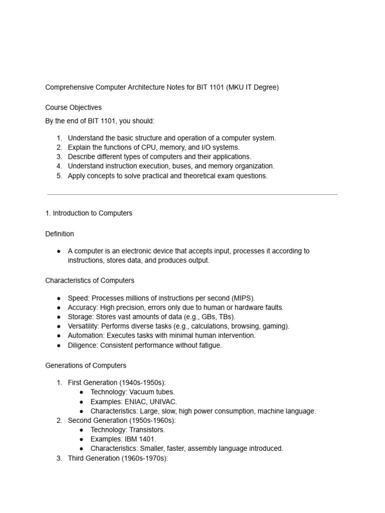Comprehensive Computer Architecture Notes For BIT 1101 (MKU IT Degree ...