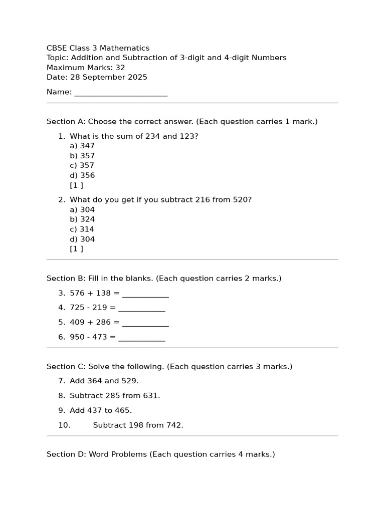 CBSE Class 3 Math: 3-4 Digit Operations | PDF