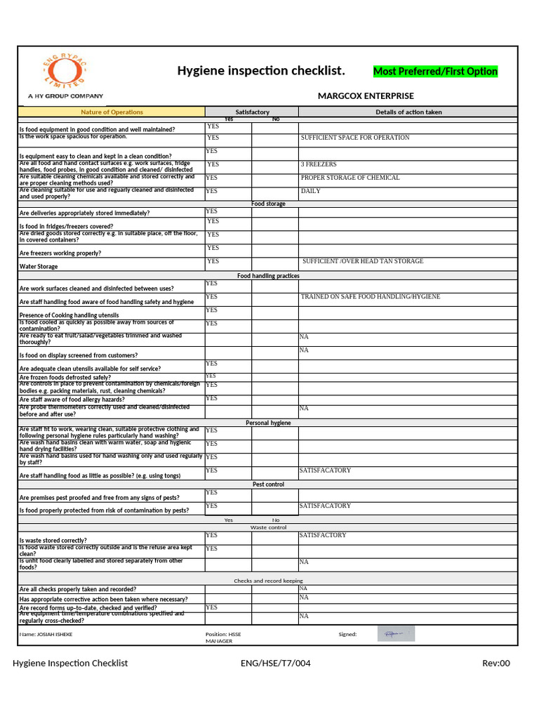 Hygiene Inspection Checklist Overview | PDF | Hygiene | Refrigerator