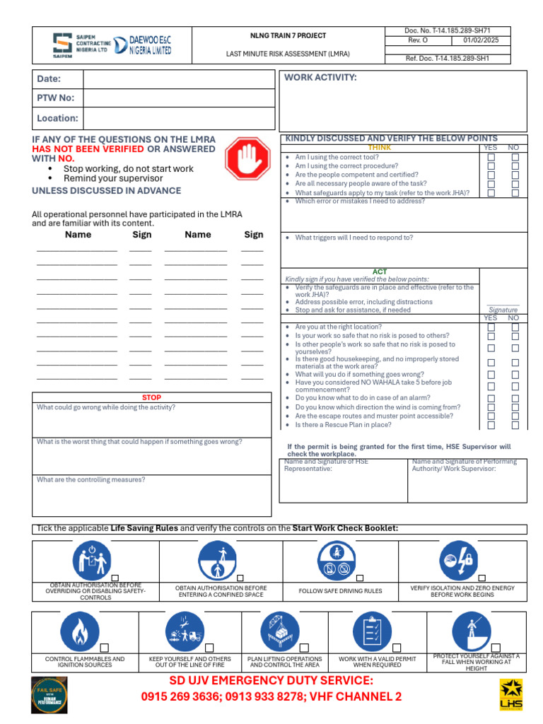 NLNG Train 7 LMRA Safety Checklist | PDF | Safety | Occupational Safety ...