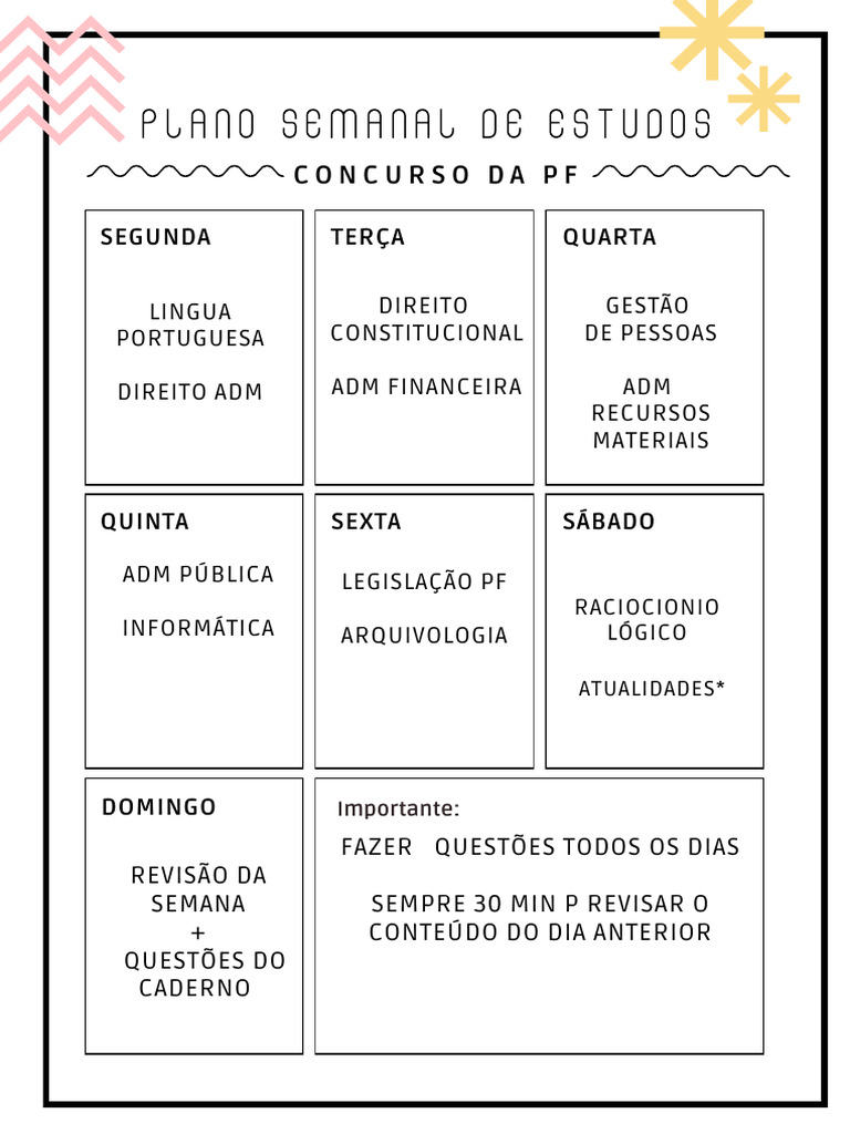 Plano Semanal de Estudos para Concurso PF | PDF
