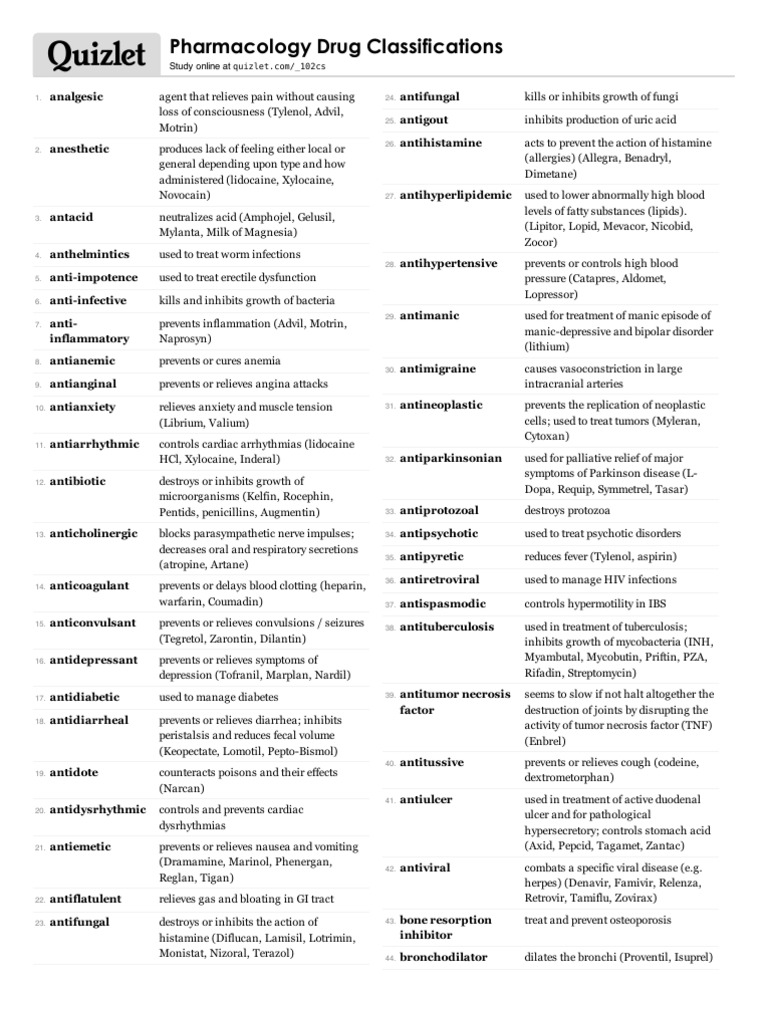 Drug Classifications Overview | PDF | Serotonin | Heart