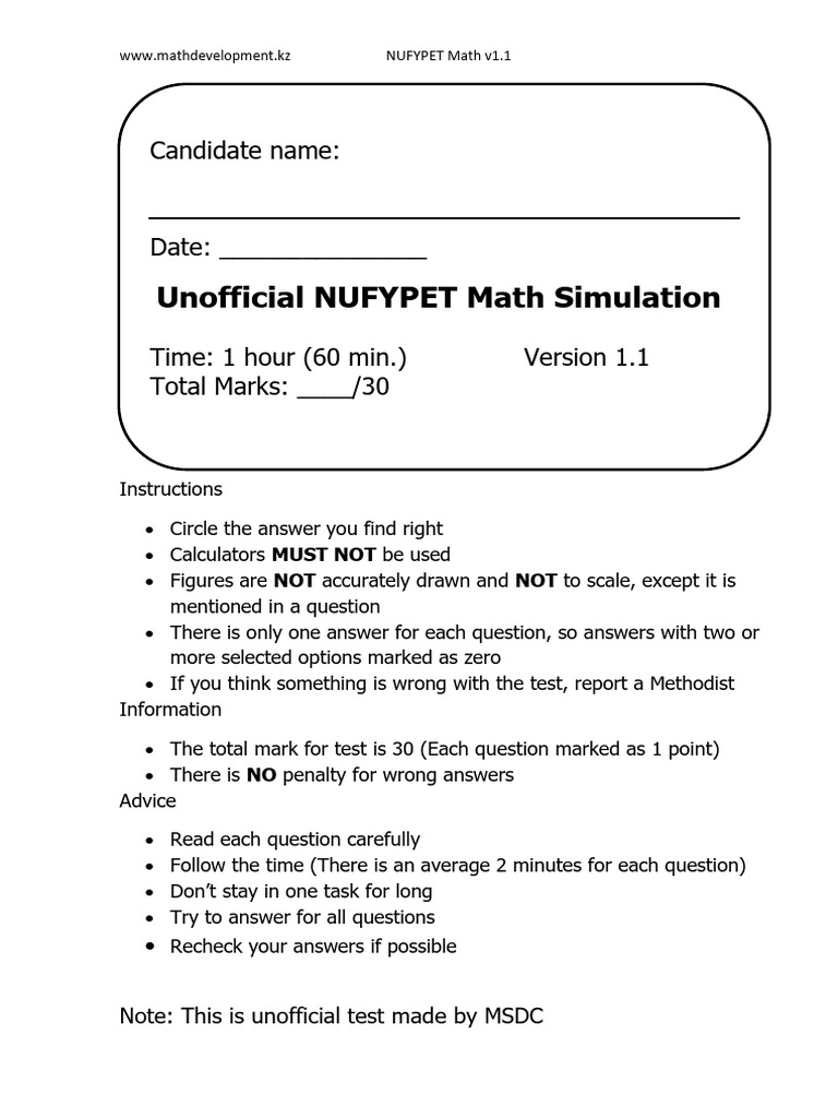 NUFYPET Math Test Simulation v1.1 | PDF | Numbers | Angle