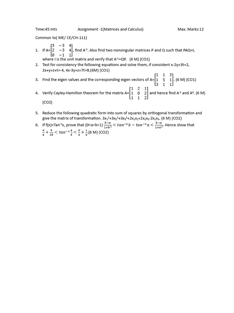 Matrices and Calculus Assignment 1 | PDF