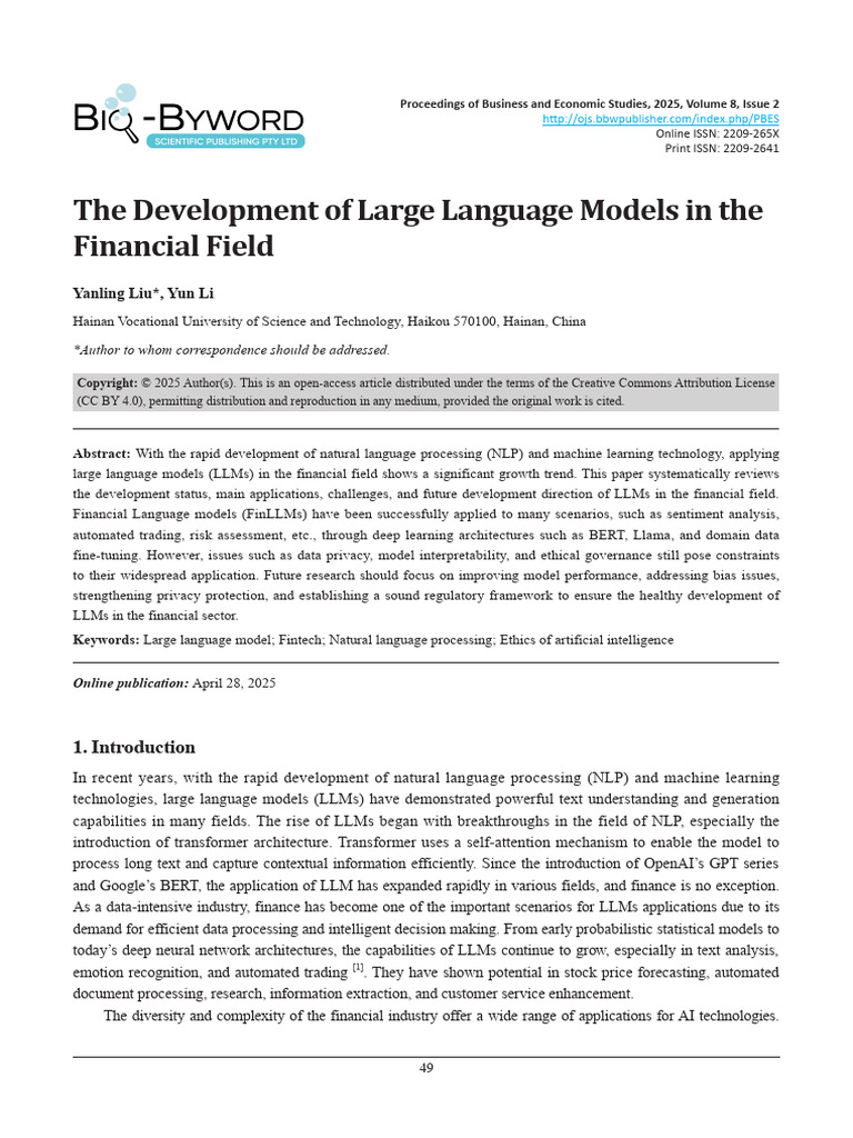The Development of Large Language Models in the Fi | PDF | Artificial ...
