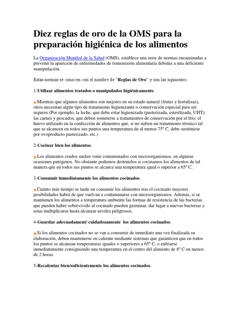 10 Reglas de Oro de la OMS para Alimentos | PDF | Alimentos | Carne