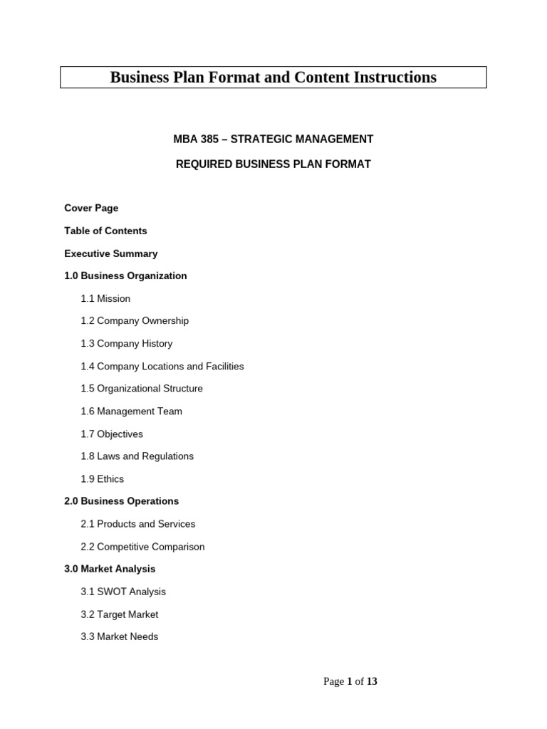 Business Plan Format Guidelines for MBA 385 | PDF | Citation | Market ...