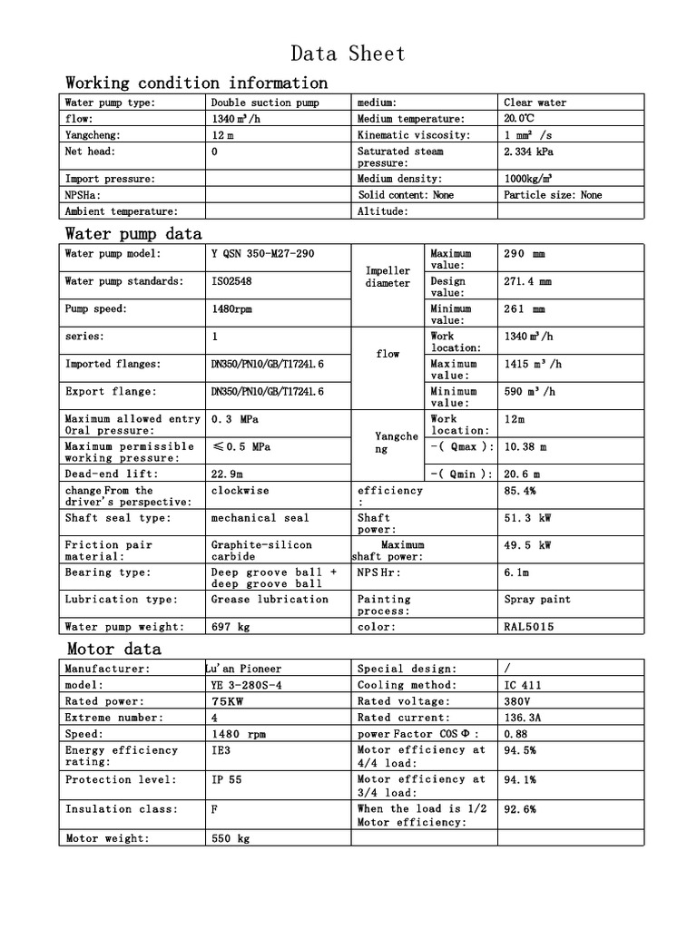 Double Suction Water Pump Data Sheet | PDF | Pump | Mechanical Engineering