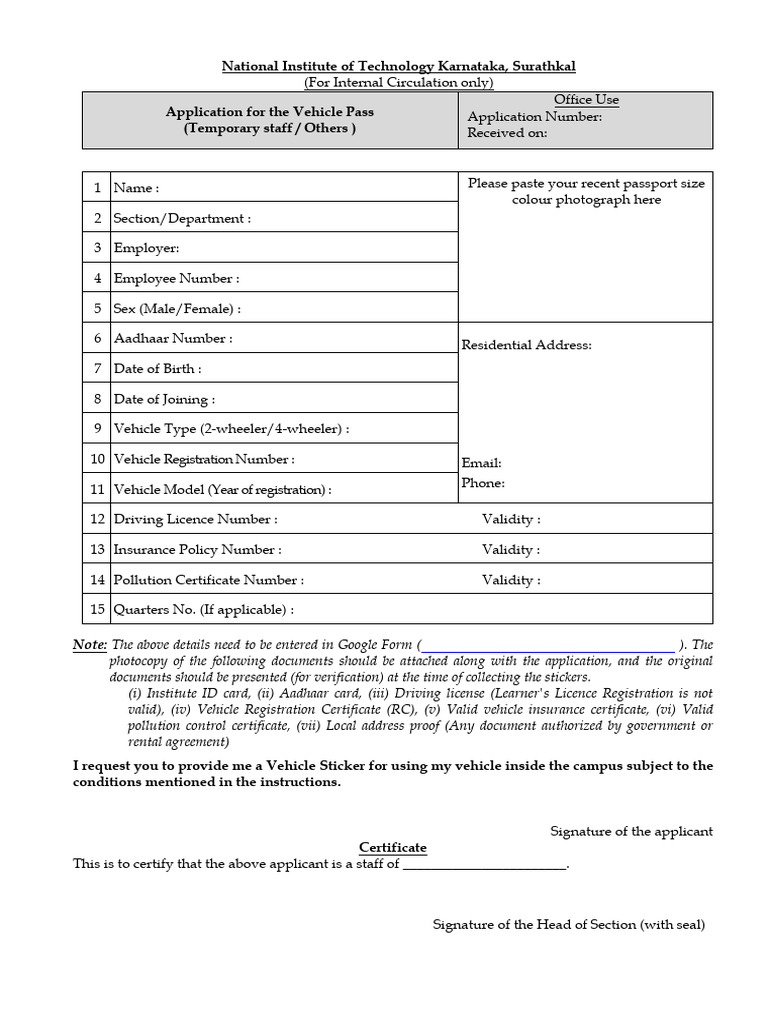 Vehicle Pass Application for NIT Karnataka | PDF | Driver's License ...