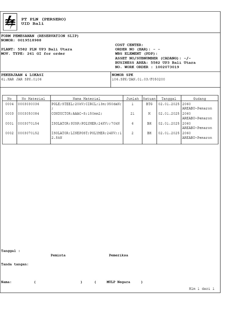 Form Pemesanan Material PLN Bali | PDF
