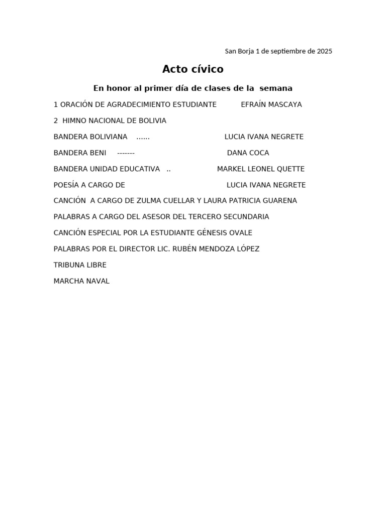 Acto Cívico de Bienvenida Escolar 2025 | PDF