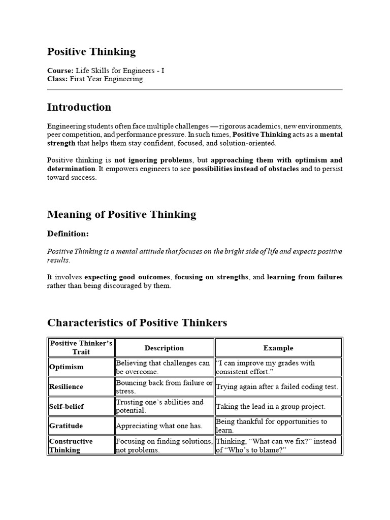Positive Thinking for Engineering Success | PDF | Optimism | Thought