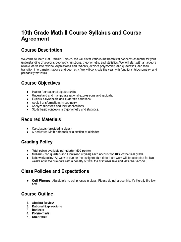 10th Grade Math II Course Syllabus | PDF | Algebra | Mathematics