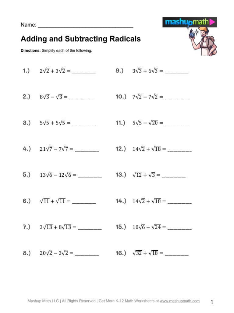 Adding and Subtracting Radicals Worksheet | PDF