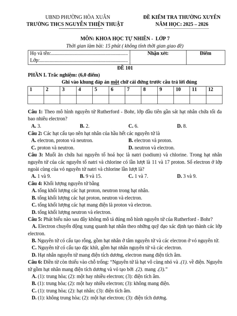 Đề Kttx Khtn 7 Hki 25.26 Lan 1 | PDF
