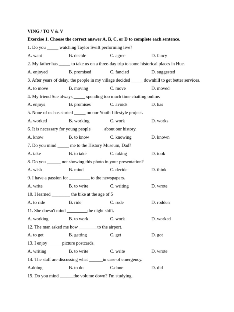 English Grammar Exercise: V-ing vs. To V | PDF