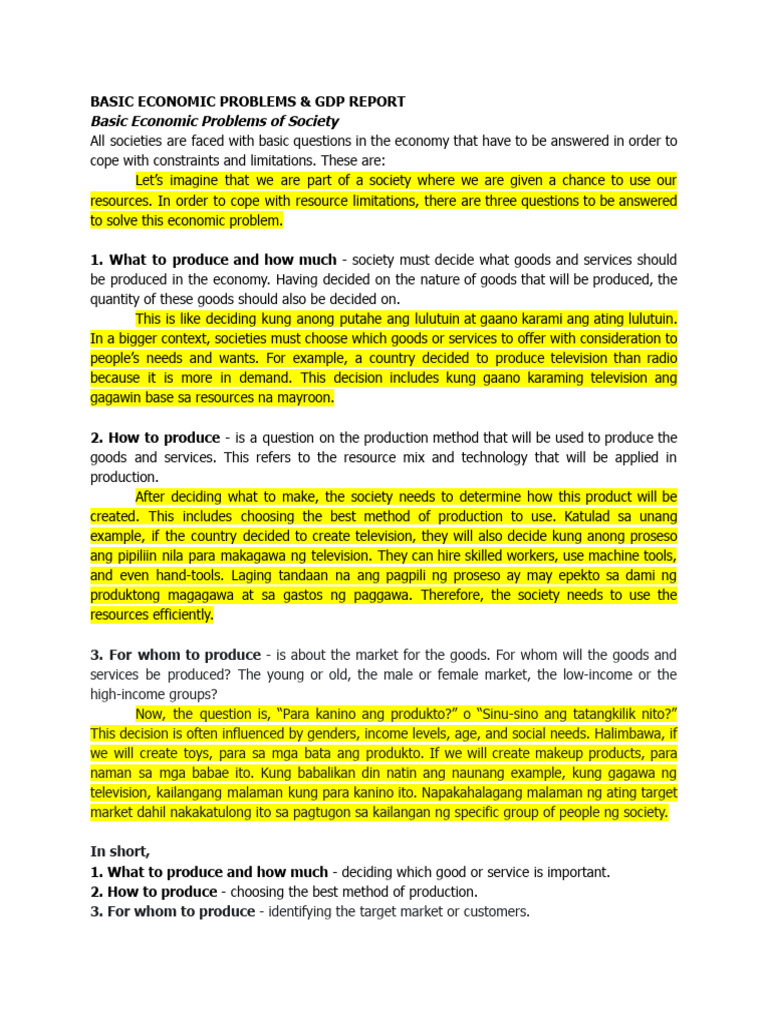 Basic Economic Problems & GDP Report | PDF | Gross Domestic Product ...