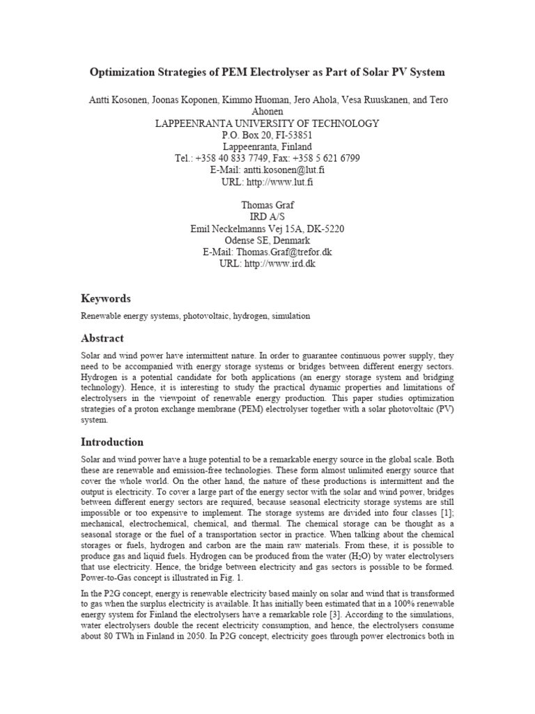 Optimization Strategies of PEM Electrolyser As Part of Solar PV System ...