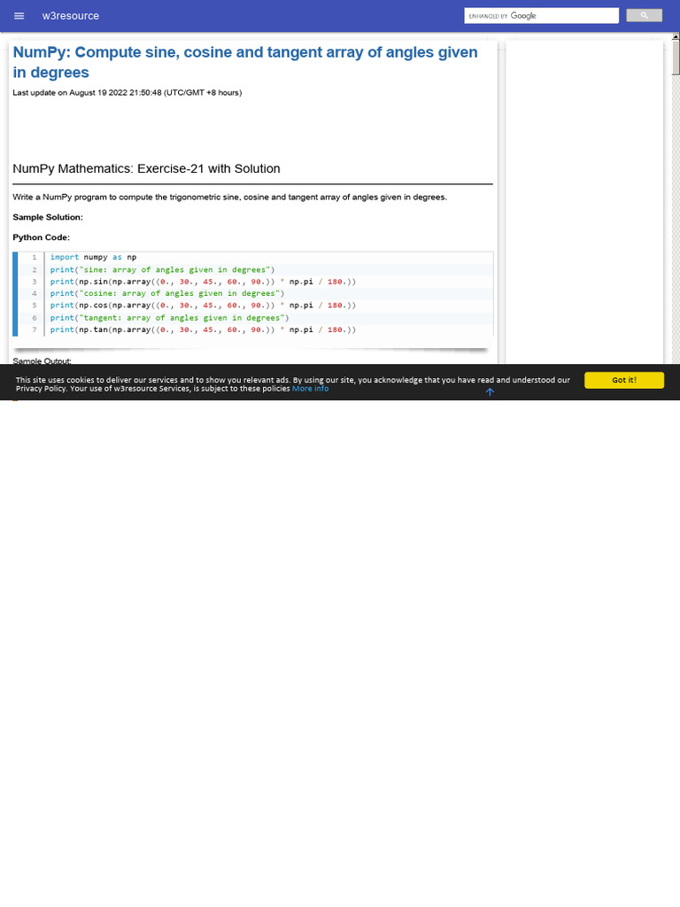 Numpy - Compute Sine - Cosine and Tangent Array of Angles Given in ...