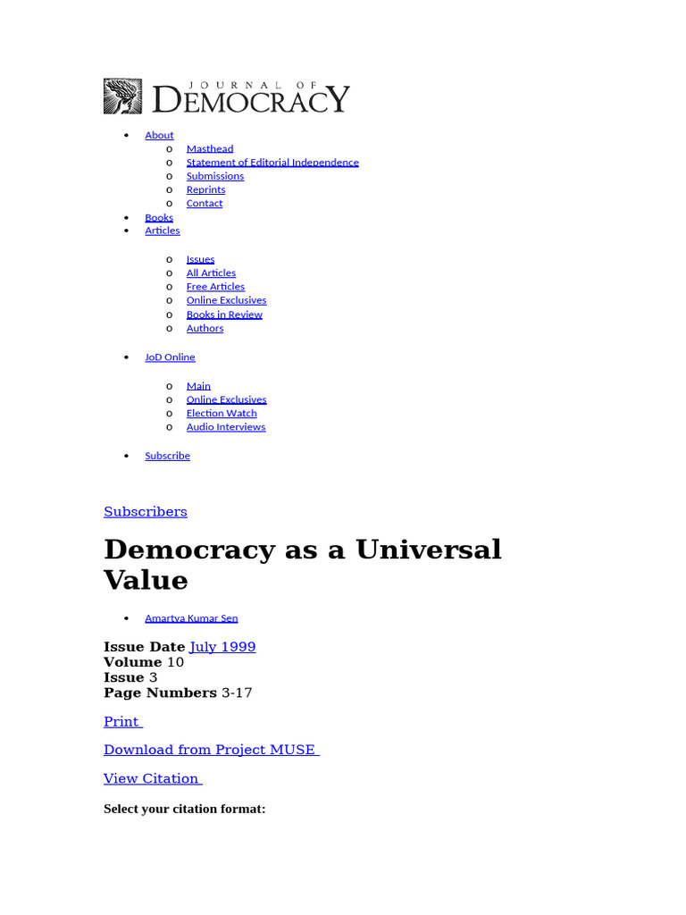Democracy as a Universal Value Explained | PDF | Famine | Democracy