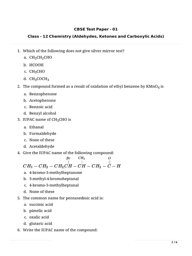 CBSE Class 12 Chemistry Test on Aldehydes and Ketones | PDF | Aldehyde ...