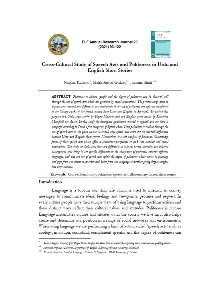 Cross Cultural Study of Speech Acts and | PDF | Linguistics | Communication
