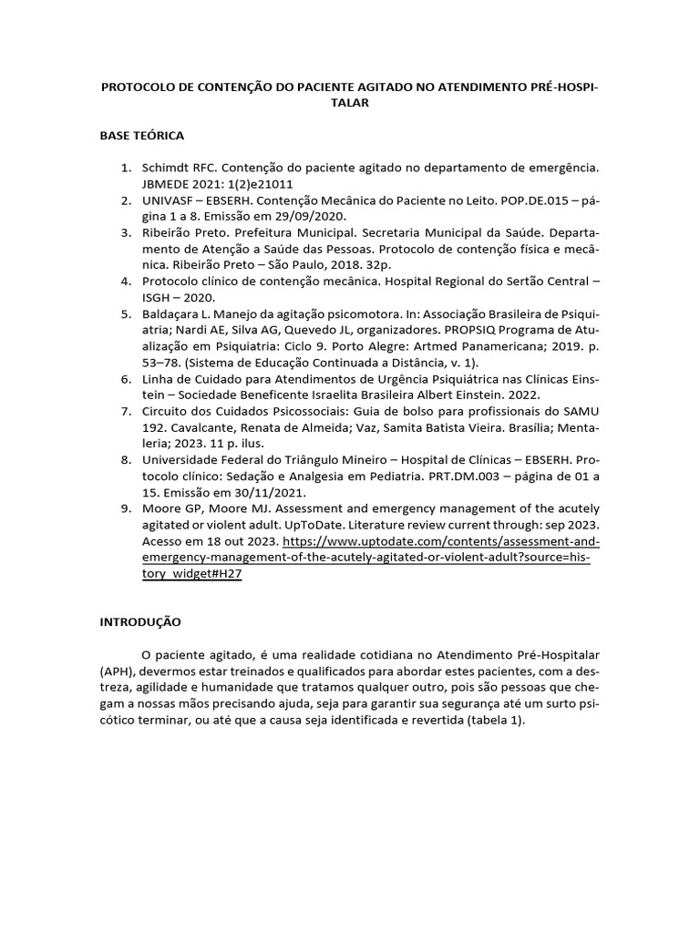 Protocolo de Contenção Do Paciente Agitado No Atendimento Pré ...